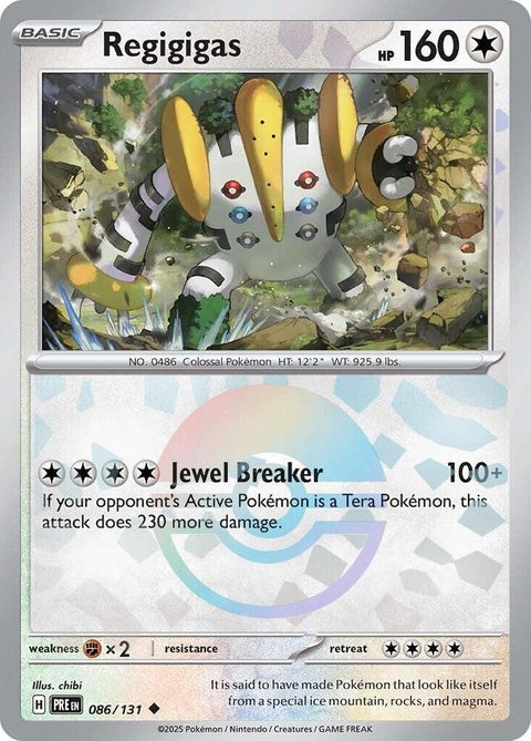 Prismatic Evolutions Pokémon Regigigas card with Poke Ball pattern, featuring vibrant colors and detailed artwork.