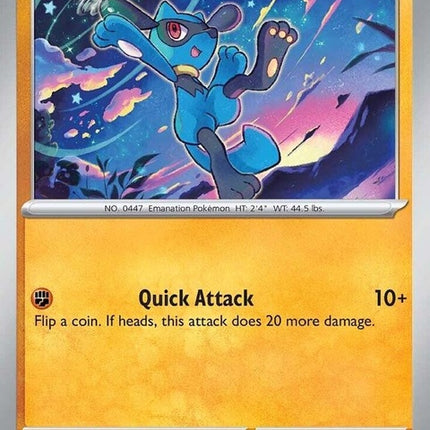 Prismatic Evolutions Pokémon Riolu trading card, singles edition, featuring artwork of the Fighting type Pokémon.