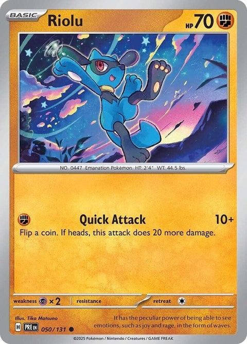 Prismatic Evolutions Pokémon Riolu trading card, singles edition, featuring artwork of the Fighting type Pokémon.