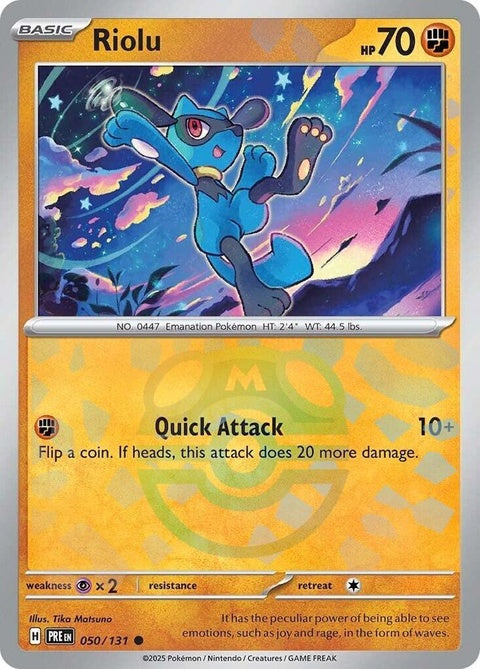 Prismatic Evolutions Riolu Pokémon card with Master Ball pattern, showcasing a single Riolu character on vibrant, colorful background.