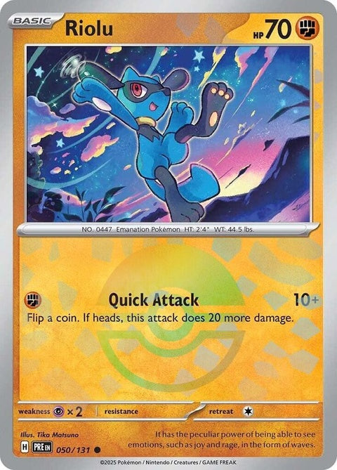 Prismatic Evolutions Riolu Pokémon trading card with Poke Ball pattern, showcasing vibrant artwork and collectible design.