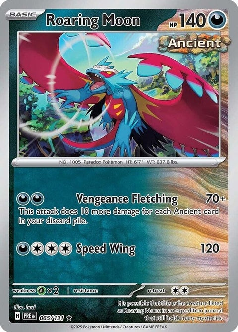 Pokémon Prismatic Evolutions Roaring Moon 65 card featuring dynamic artwork and vibrant colors on a standard trading card layout.