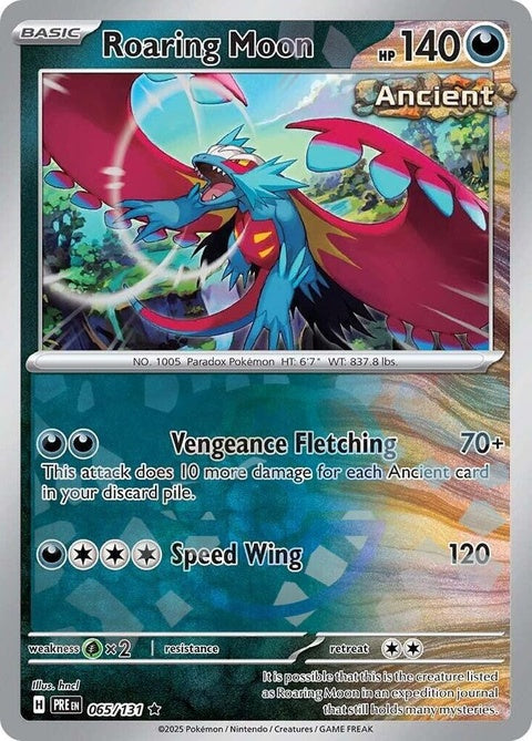 Pokémon Prismatic Evolutions Roaring Moon 65 card with Master Ball pattern, showcasing vibrant artwork and detailed design.