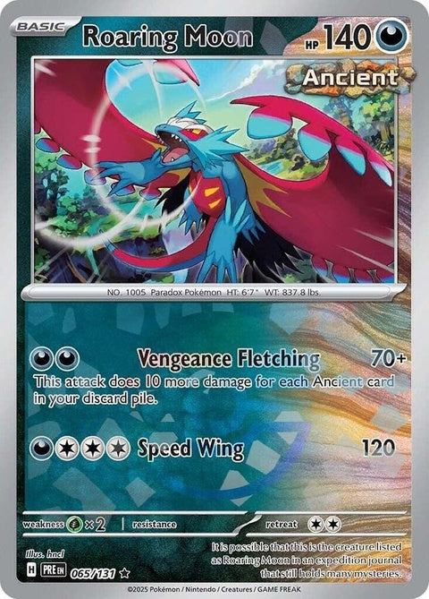 Pokémon Prismatic Evolutions Roaring Moon Pokémon card featuring a Poke Ball pattern, in a singles card format.