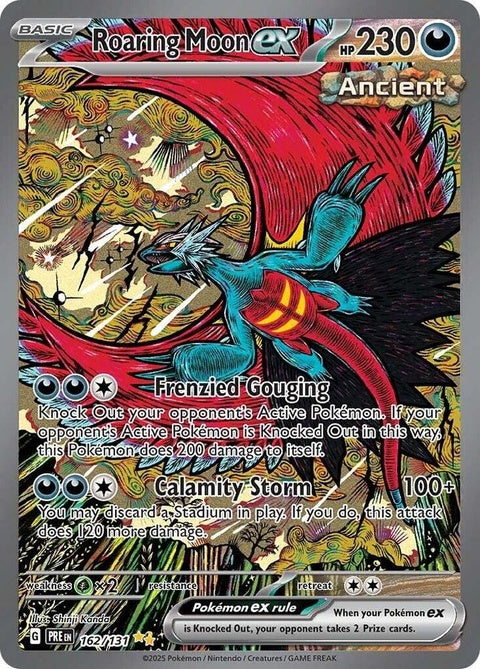 Pokémon Prismatic Evolutions Roaring Moon EX single card featuring vibrant artwork and dynamic design.
