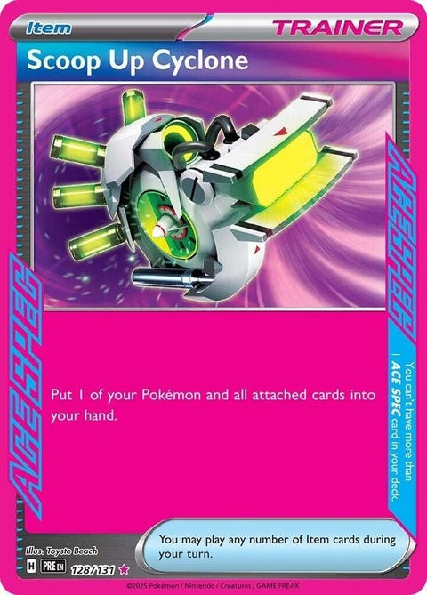 Pokémon Prismatic Evolutions Scoop Up Cyclone single card, featuring vibrant artwork and game details on the front.