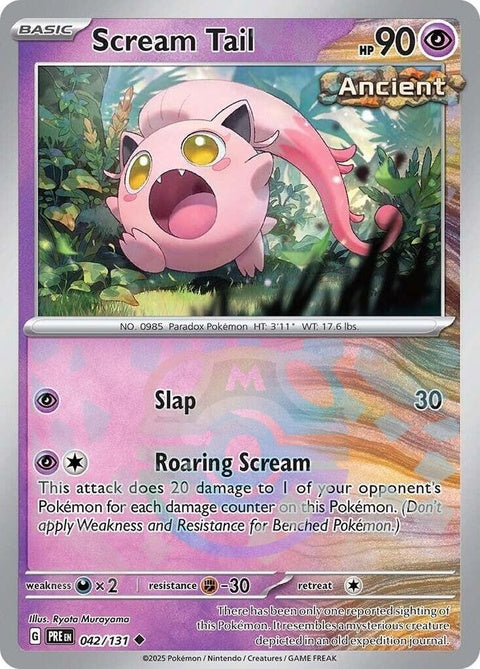 Pokémon Prismatic Evolutions Scream Tail Pokémon card with Master Ball pattern, featuring vibrant colors and detailed artwork.