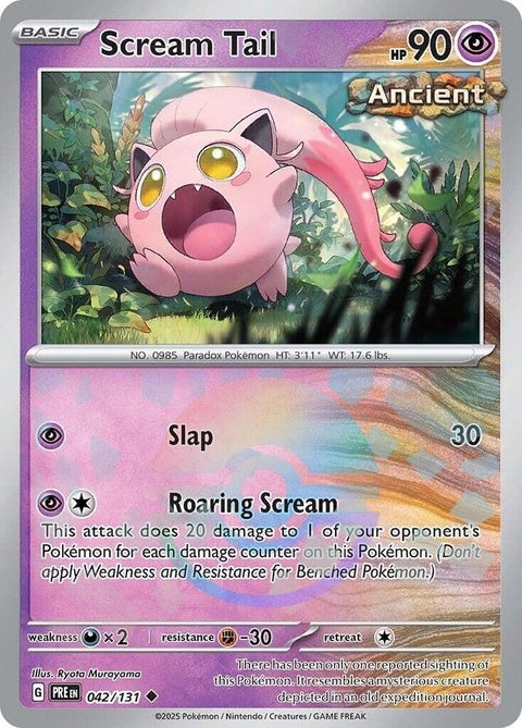 Pokémon Prismatic Evolutions Scream Tail Pokémon card with Poke Ball pattern, featuring vibrant colors and detailed artwork.