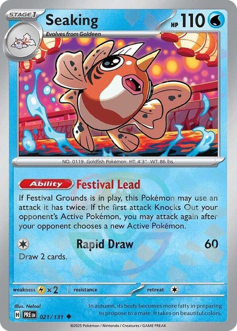 Pokémon Prismatic Evolutions Seaking 21 trading card with Master Ball pattern, featuring colorful, prismatic artwork of Seaking.