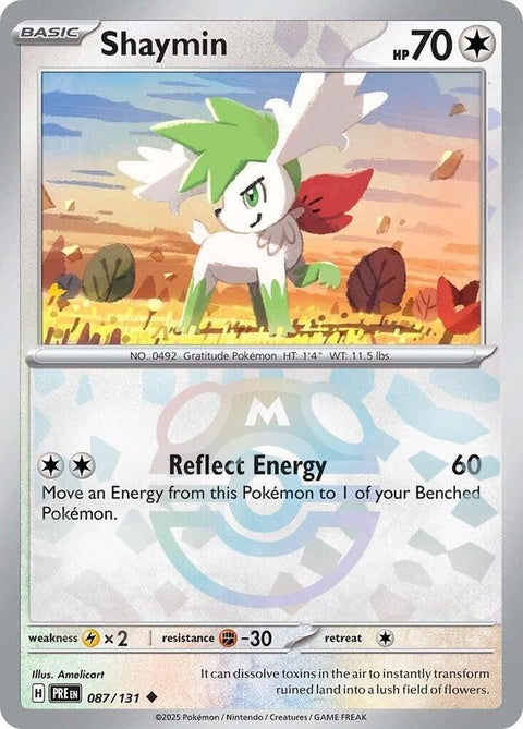 Pokémon Prismatic Evolutions Shaymin card with Master Ball pattern, featuring vibrant artwork and collectible design.