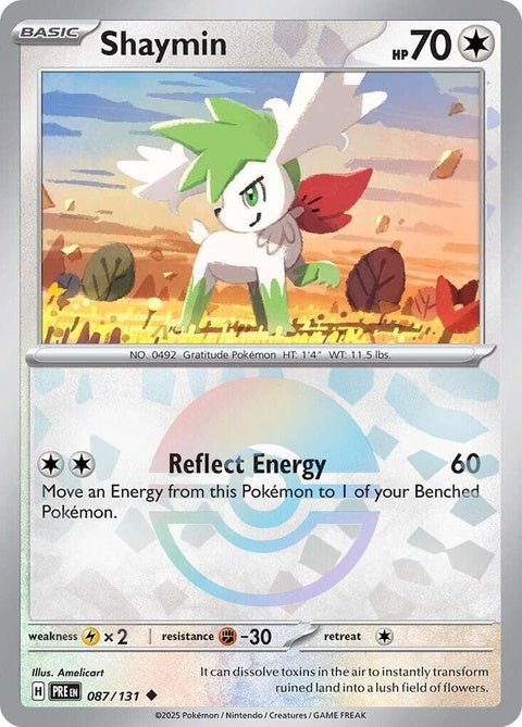 Pokémon Prismatic Evolutions Shaymin card with Poke Ball pattern, featuring vibrant artwork and detailed design.