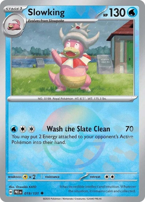 Pokémon Prismatic Evolutions Slowking card featuring a Poke Ball pattern on a vibrant background, showcasing detailed artwork.