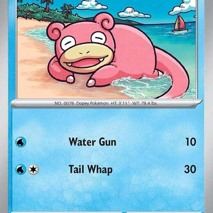 Pokémon Prismatic Evolutions Slowpoke single card featuring colorful holographic artwork and Pokémon branding.