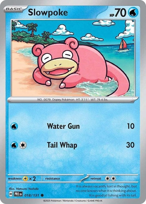 Pokémon Prismatic Evolutions Slowpoke single card featuring colorful holographic artwork and Pokémon branding.