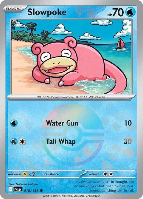 Pokémon Prismatic Evolutions Slowpoke card with Poke Ball pattern, featuring vibrant colors and detailed artwork.