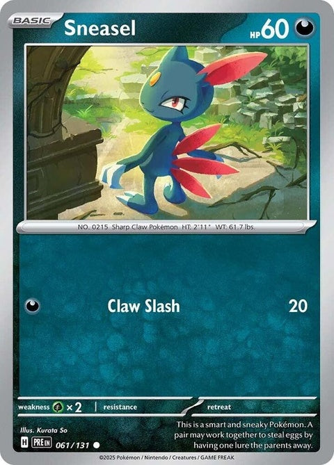 Pokémon Prismatic Evolutions Sneasel card featuring a sleek, detailed illustration of the dark and ice-type Pokémon.