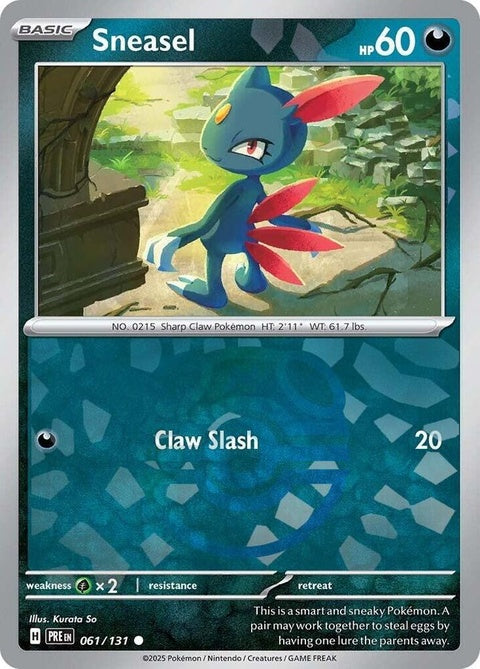 Pokémon Prismatic Evolutions Sneasel card with Master Ball pattern, featuring detailed artwork and vibrant colors.