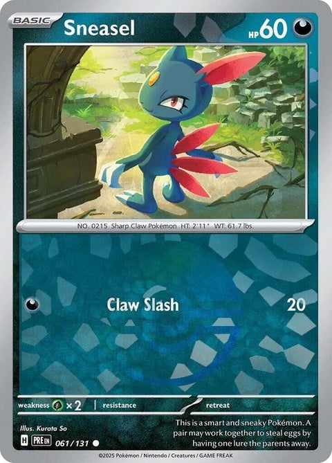 Pokémon Prismatic Evolutions Sneasel card with Poke Ball pattern, featuring artwork and detailed design in a collectible singles card.