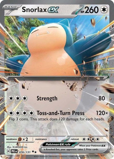 Pokémon Prismatic Evolutions Snorlax EX card, featuring Snorlax in vibrant, colorful artwork from the Pokémon trading card game.
