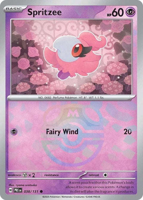 Pokémon Prismatic Evolutions Spritzee card with Master Ball pattern, featuring vibrant colors and detailed artwork.
