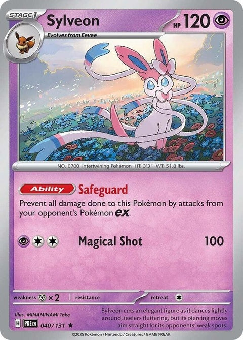 Pokémon Prismatic Evolutions Sylveon card, featuring colorful artwork, from the Pokémon singles trading card game collection.