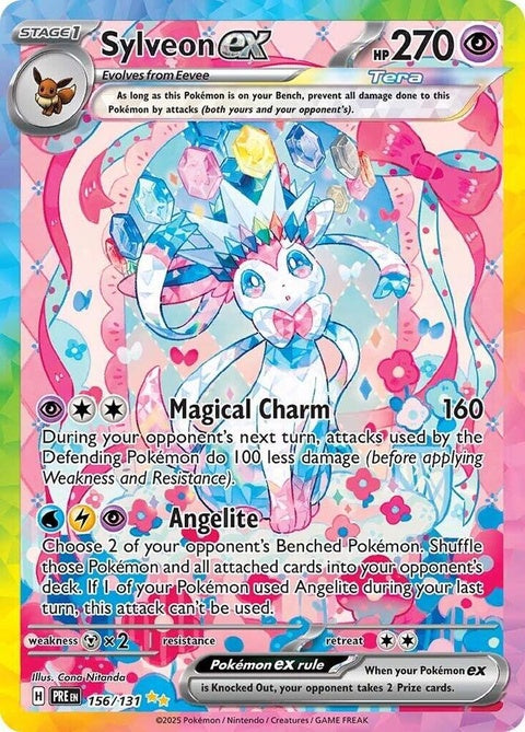 Pokémon Prismatic Evolutions Sylveon EX single card, featuring vibrant artwork of the Fairy-type Pokémon Sylveon.