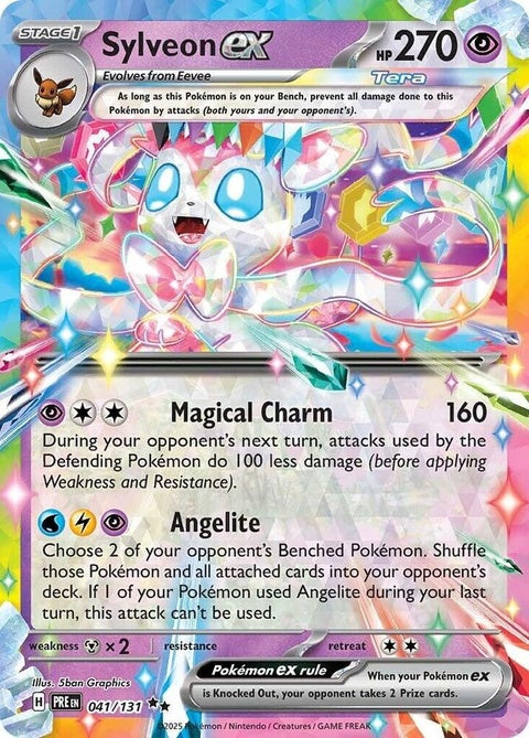 Pokémon Prismatic Evolutions Sylveon EX single card featuring colorful artwork and details of the Sylveon Pokémon.
