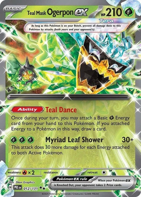 Pokémon Prismatic Evolutions Teal Mask Ogerpon EX single card, featuring artwork of Ogerpon with teal mask design.