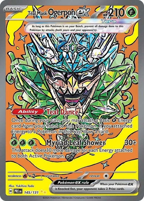 Pokémon Prismatic Evolutions Teal Mask Ogerpon EX single card featuring teal mask design and vibrant artwork.