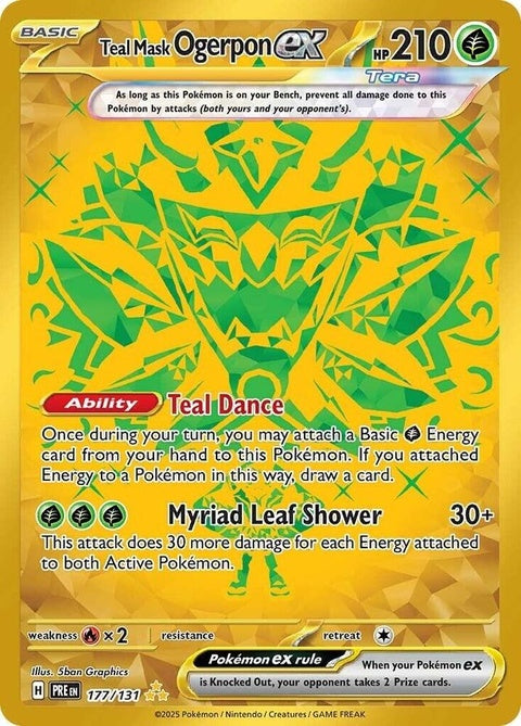 Pokémon Prismatic Evolutions Teal Mask Ogerpon EX single card showing teal-colored Ogerpon Pokémon with intricate design.