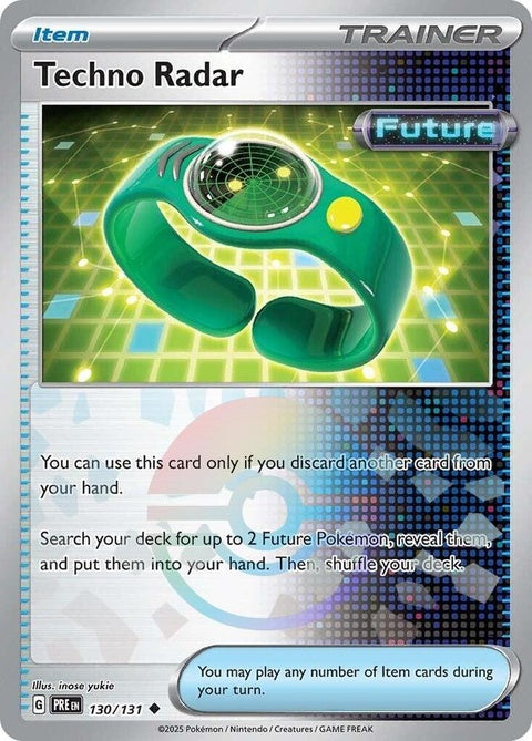 Pokemon Prismatic Evolutions Techno Radar 130 single card with Poke Ball pattern, vibrant design and detailed artwork.