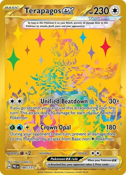 Pokémon Prismatic Evolutions Terapagos EX single card, 180 HP, featuring colorful artwork of the Pokémon Terapagos.
