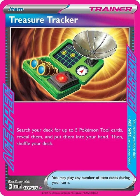 Pokémon Prismatic Evolutions Treasure Tracker card number 131, featuring colorful artwork and collectible design.