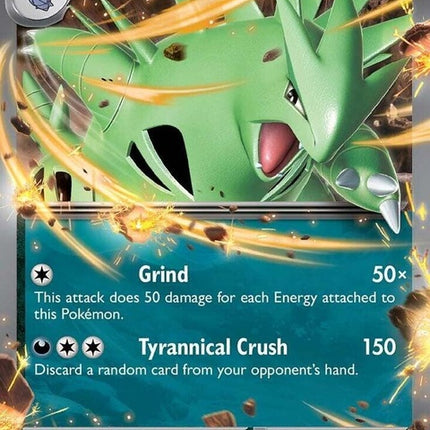 Pokémon Prismatic Evolutions Tyranitar EX single card featuring a detailed illustration of the dark rock Pokémon.