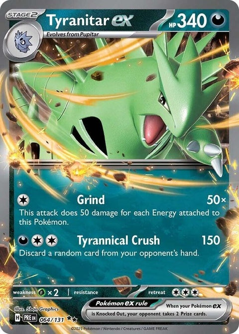 Pokémon Prismatic Evolutions Tyranitar EX single card featuring a detailed illustration of the dark rock Pokémon.