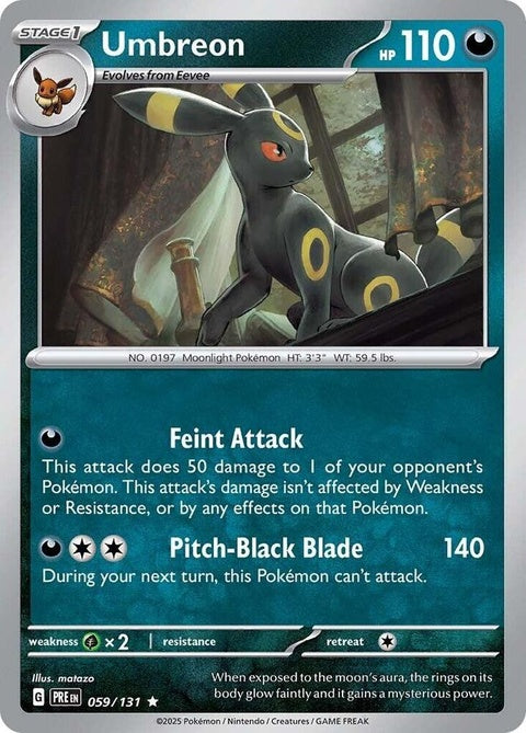 Pokémon Prismatic Evolutions Umbreon card featuring a dark-colored Eevee evolution with glowing eyes and a shiny holographic background.