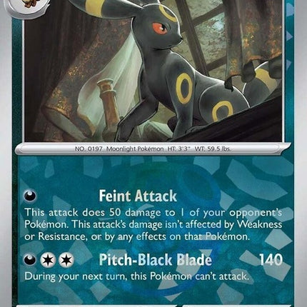 Pokémon Prismatic Evolutions Umbreon card with Master Ball pattern, featuring vibrant artwork and detailed design.