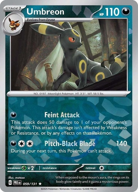 Pokémon Prismatic Evolutions Umbreon card with Master Ball pattern, featuring vibrant artwork and detailed design.