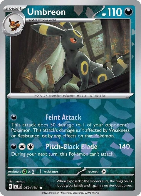 Pokémon Prismatic Evolutions Umbreon card with Poke Ball pattern, featuring a shiny black and yellow design.