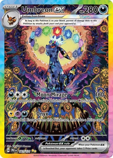 Pokémon Prismatic Evolutions Umbreon EX card, featuring a detailed illustration of the dark-type Pokémon in vibrant colors.