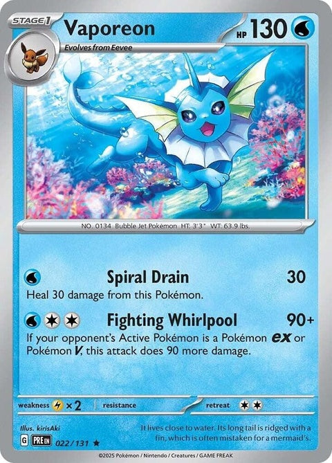 Prismatic Evolutions Vaporeon Pokémon single card featuring a colorful illustration of the Water-type Pokémon on a vibrant background.