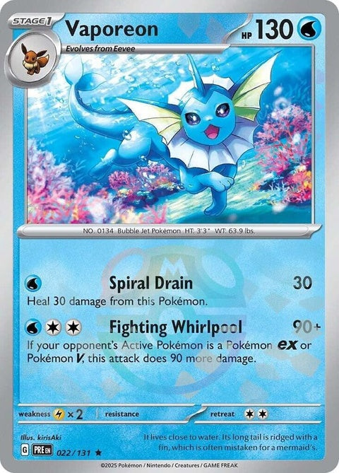 Vaporeon Pokémon card from Prismatic Evolutions set featuring Master Ball pattern, showcasing vibrant artwork and Pokémon details.
