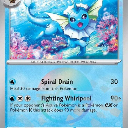 Vaporeon Pokémon card from Prismatic Evolutions set with Poke Ball pattern, featuring vibrant colors and detailed artwork.