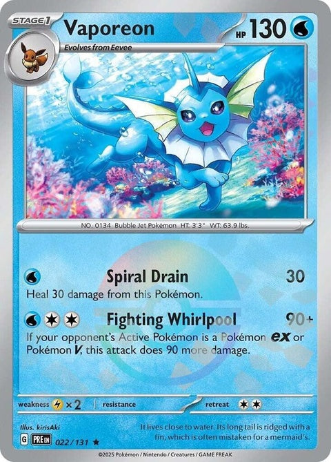 Vaporeon Pokémon card from Prismatic Evolutions set with Poke Ball pattern, featuring vibrant colors and detailed artwork.