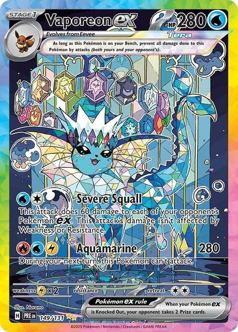 Pokémon Prismatic Evolutions Vaporeon EX trading card, featuring vibrant artwork of Water-type Pokémon Vaporeon in a single card image.