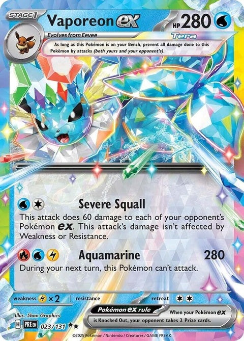 Pokémon Prismatic Evolutions Vaporeon EX single card featuring Vaporeon in vibrant prismatic artwork, detailed close-up image.