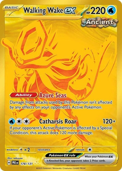 Pokémon Prismatic Evolutions Walking Wake EX card, featuring vibrant artwork and detailed design on a single trading card.