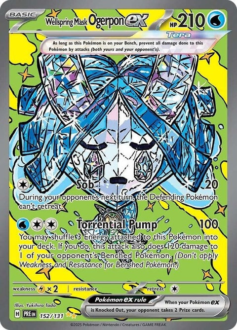Pokémon Prismatic Evolutions Wellspring Mask Ogerpon EX card from the singles collection, featuring vibrant artwork and details.