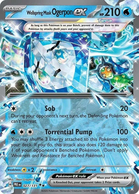 Pokémon Prismatic Evolutions Wellspring Mask Ogerpon EX single card, detailed illustration on vibrant background.