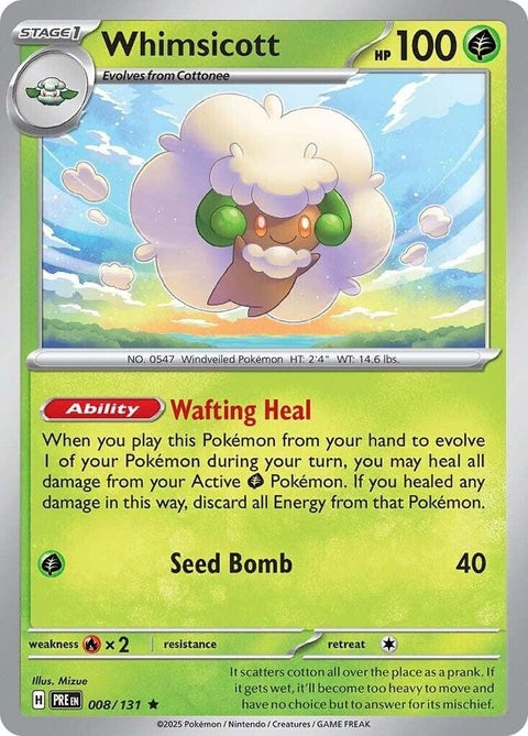 Pokémon Prismatic Evolutions Whimsicott card, singles edition, featuring a colorful illustration of the Grass/Fairy-type Pokémon.